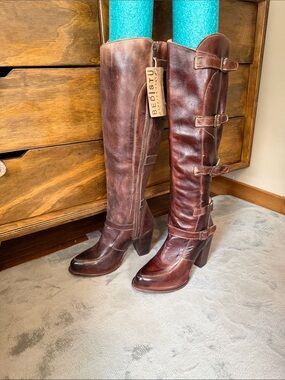 BED|STU Dark Brown Leather Knee-High Buckle Boots